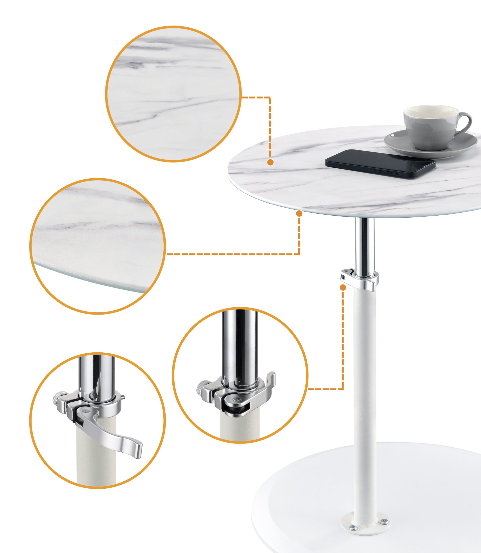 Orbit - End Table With Height Adjustable Marble Textured Top - White - Image 5