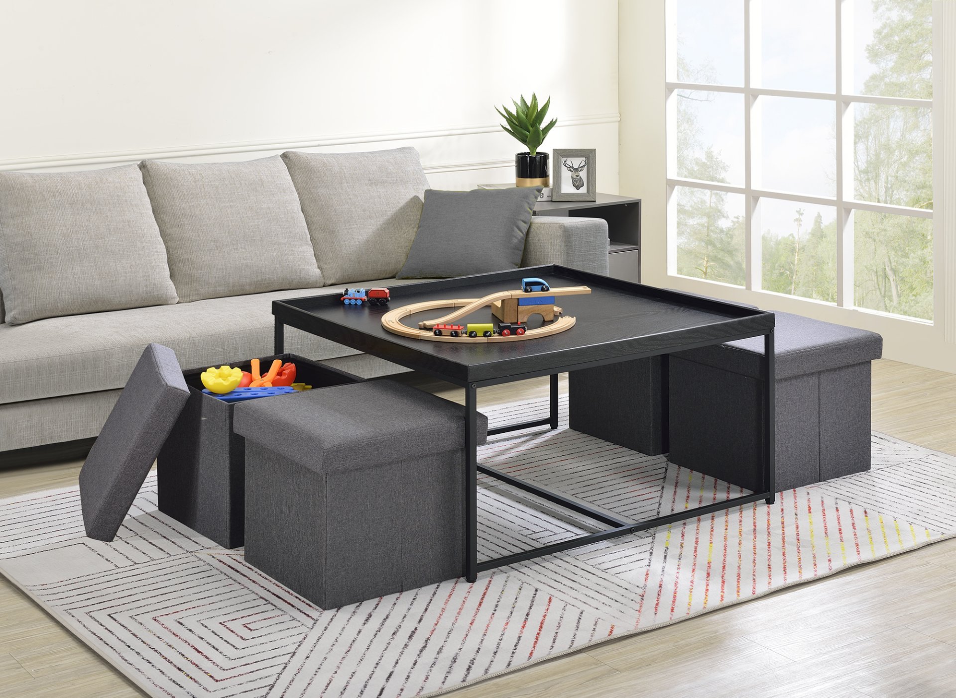 Vinny - Wood Grain 5 Piece Coffee Table Set With Raised Edges (Set of 5) - Black - Image 2