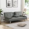 Modern Sofa Bed With Armrest 2 Holders, Wood Frame & Stainless Leg, Futon Style - Gray - Image 2