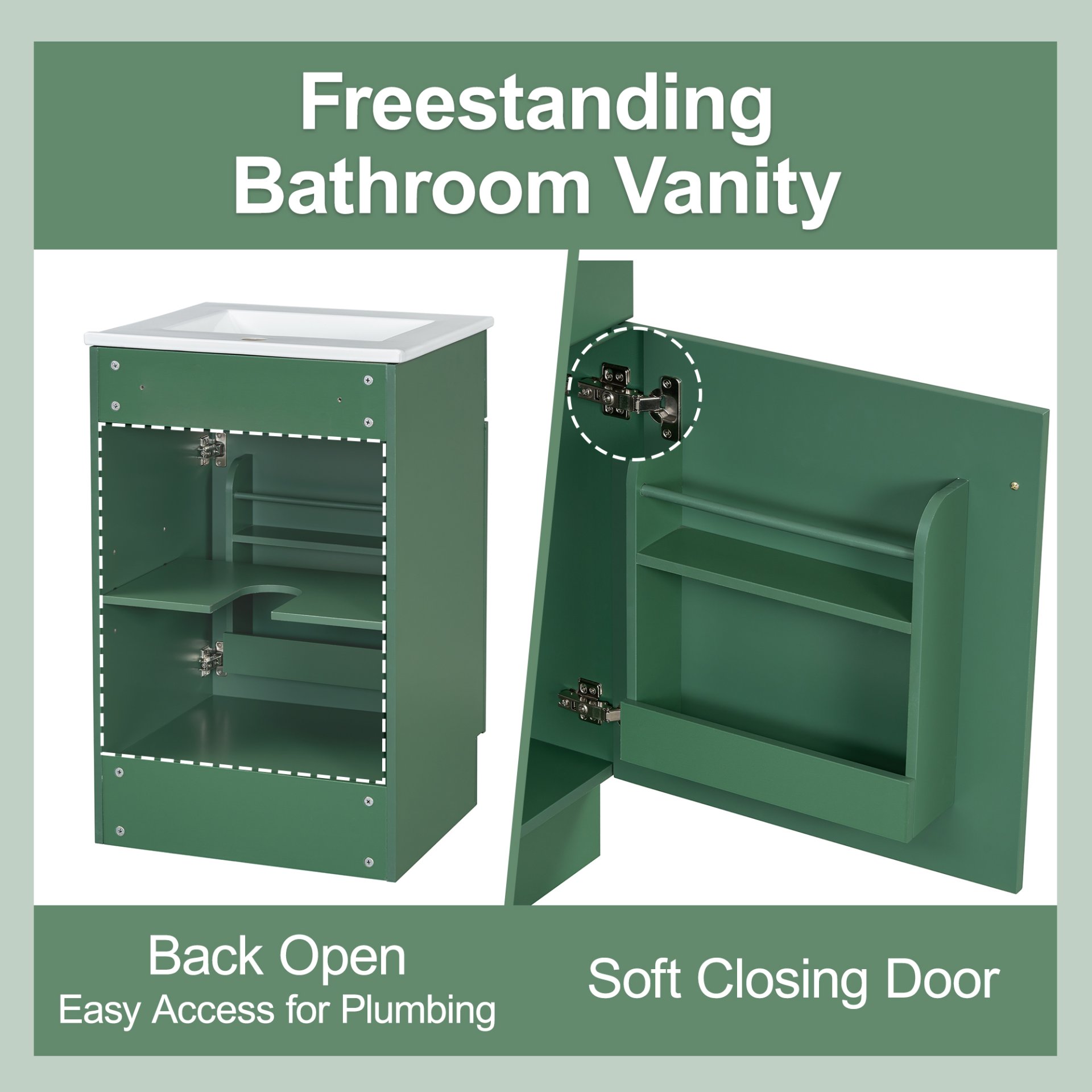20" Bathroom Vanity With Sink, Freestanding Cabinet With Door Shelf And Adjustable Shelf, And Ceramic Construction - Green - Image 8