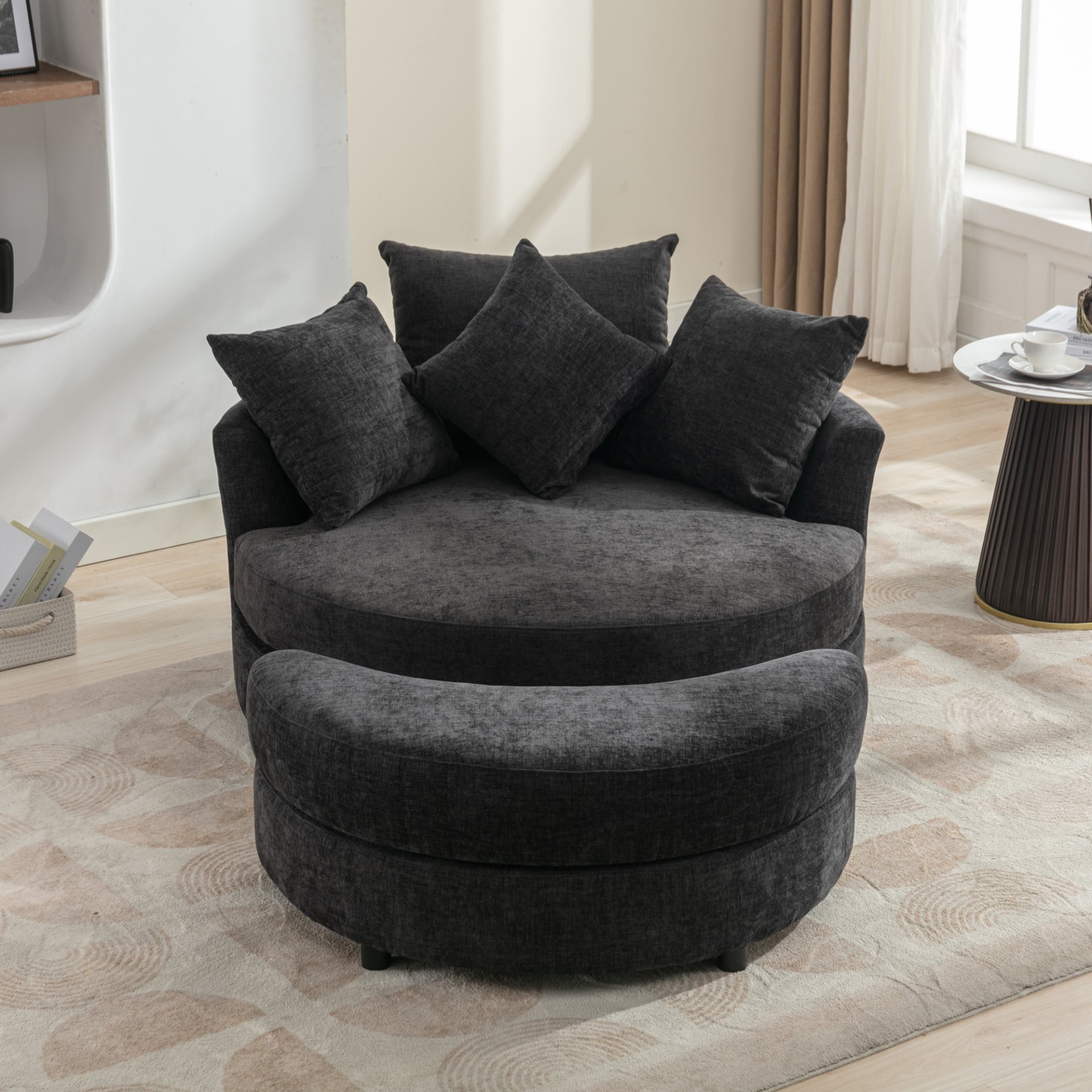 360° Swivel Accent Barrel Chair With Storage Ottoman & 4 Pillows, Modern Chenille Leisure Chair Round Accent For Living Room - Gray - Image 16