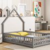 Full House-Shaped Headboard Floor Bed With Fence - Gray - Image 6