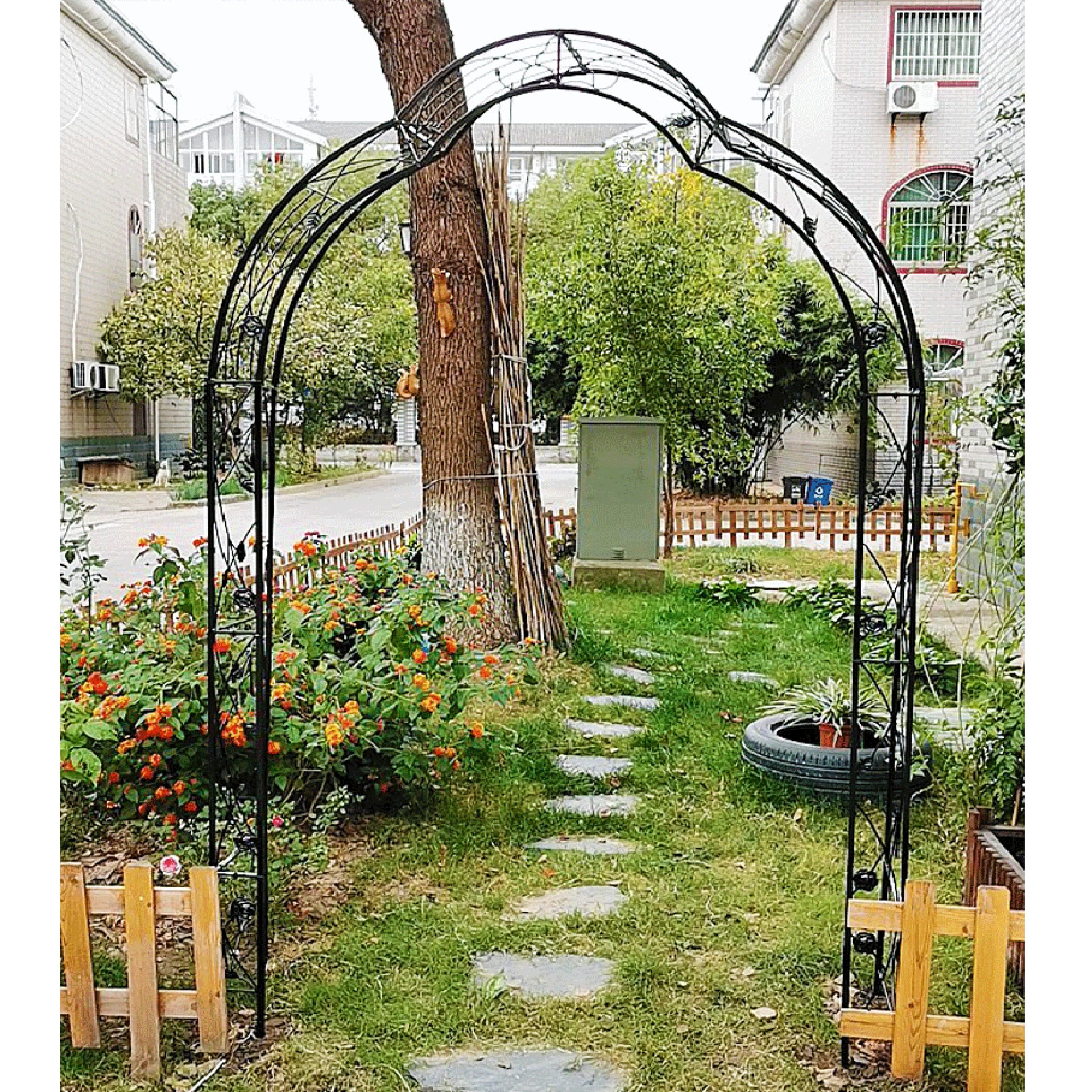 Metal Garden Arch Assemble Freely With 8 Styles Garden Arbor Trellis Climbing Plants Support Rose Arch - Black - Image 15