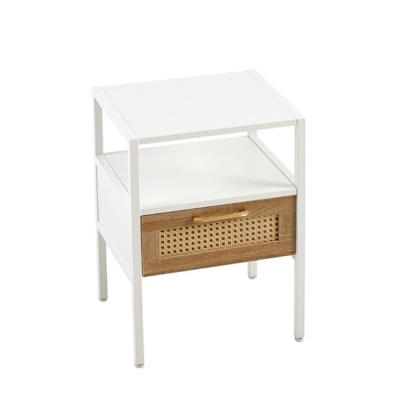 Rattan End Table With Drawer, Modern Nightstand, Metal Legs, Side Table For Living Room, Bedroom (Set of 2)- White