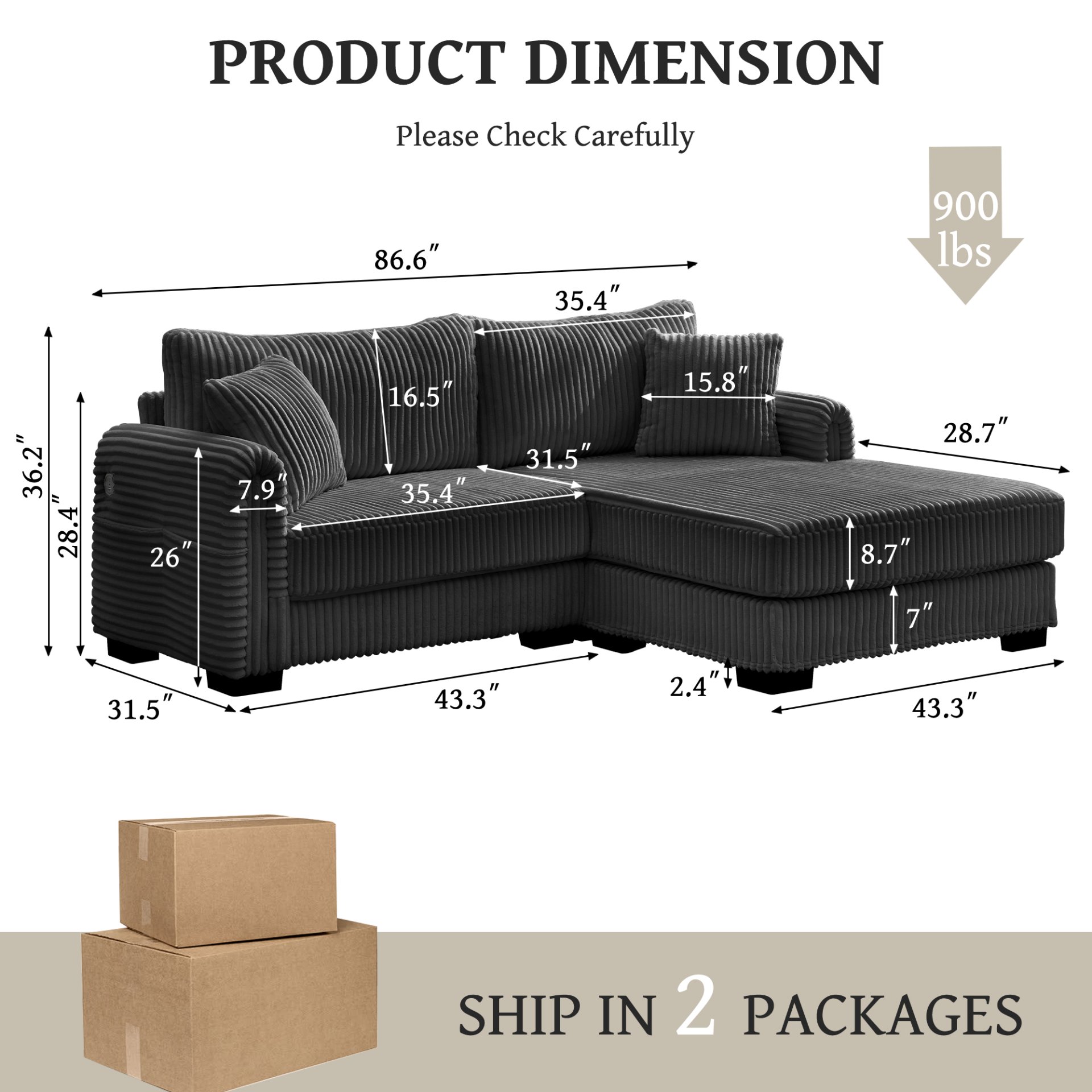 2 Seater L Shaped Chaise Sofa With Reversible Cushion Corduroy Fabric, USB - C Charging Port, Storage Pocket, Convertible Left / Right Design For Living Room - Gray - Image 3