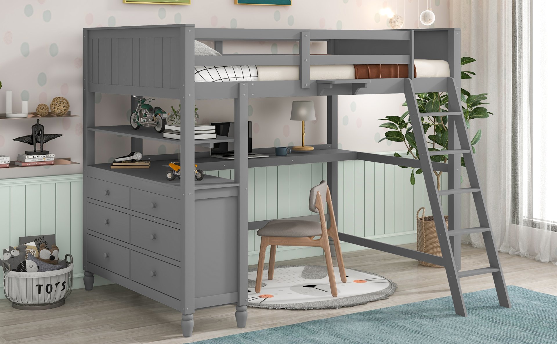 Full Size Loft Bed With Drawers And Desk With Shelves - Gray - Image 18
