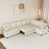 L-Shaped Sofa Convertible Sofa Bed Pull Out Sofa Sleeper With Two Back Pillows, Two USB Ports And Two Power Sockets For Living Room - Beige - Image 4