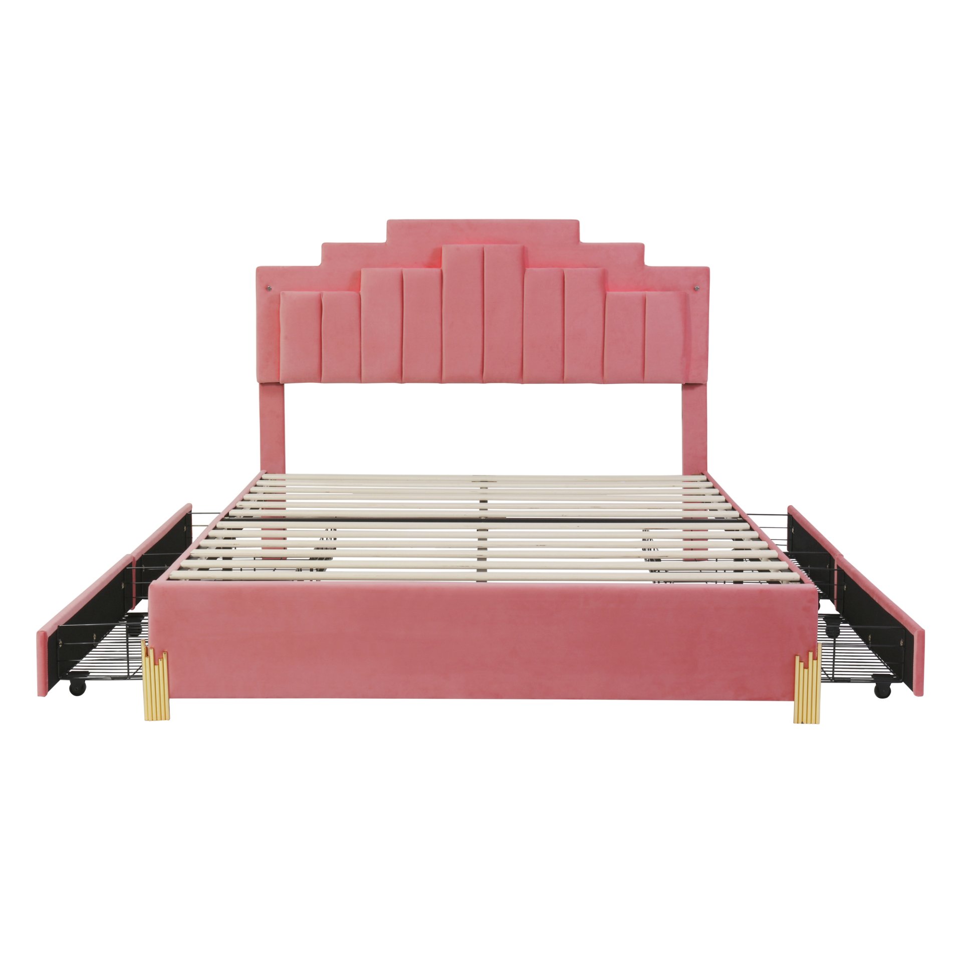 Queen Size Upholstered Platform Bed With LED Lights And 4 Drawers, Stylish Irregular Metal Bed Legs Design - Pink - Image 3