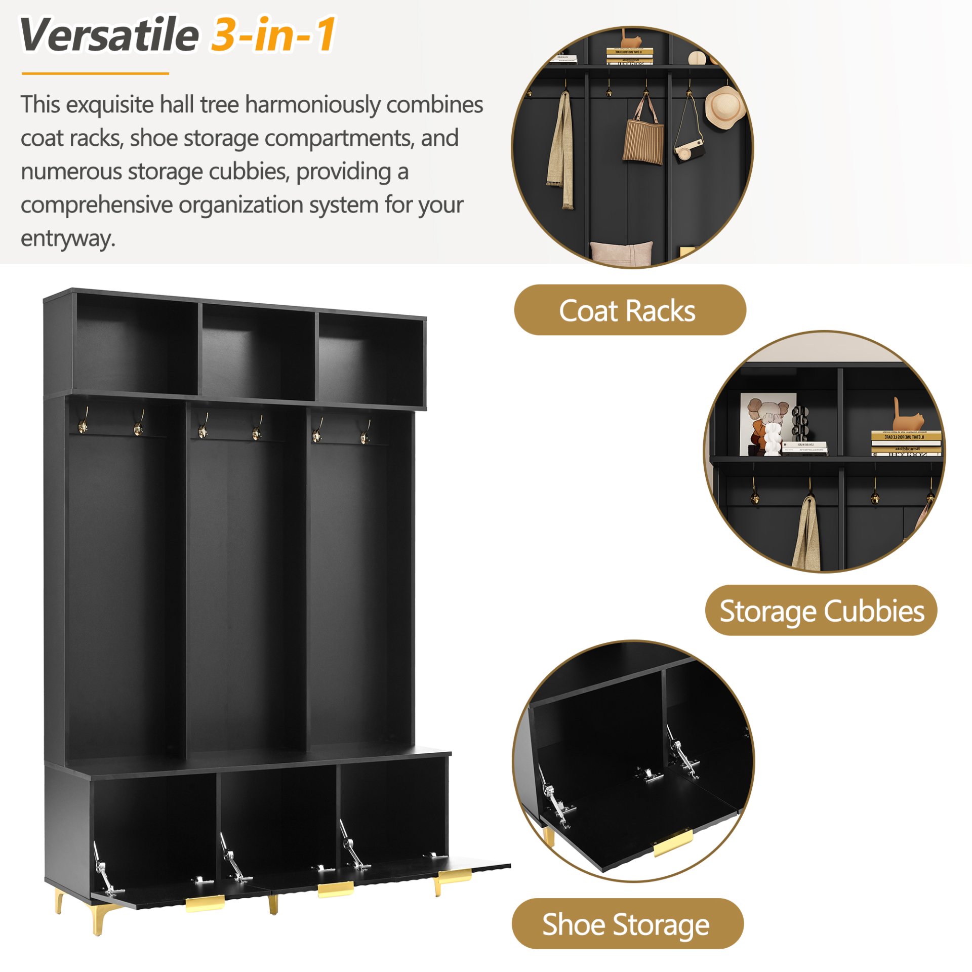Modern Large Storage Hall Tree With Bench, Luxurious Coat Rack With 6 Hooks And Legs For Entryway, Living Room - Black / Gold - Image 6