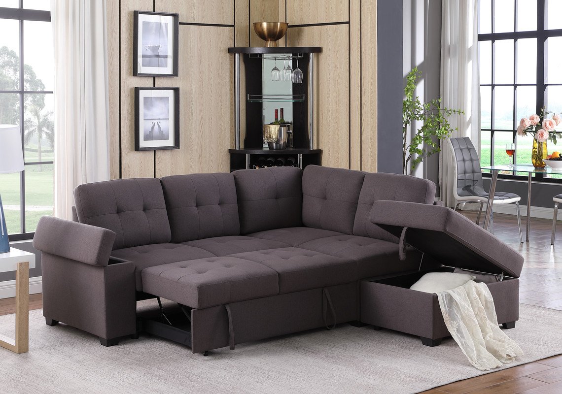 Katie - Linen Sleeper Sectional Sofa With Storage Ottoman, Storage Arm - Brown - Image 4