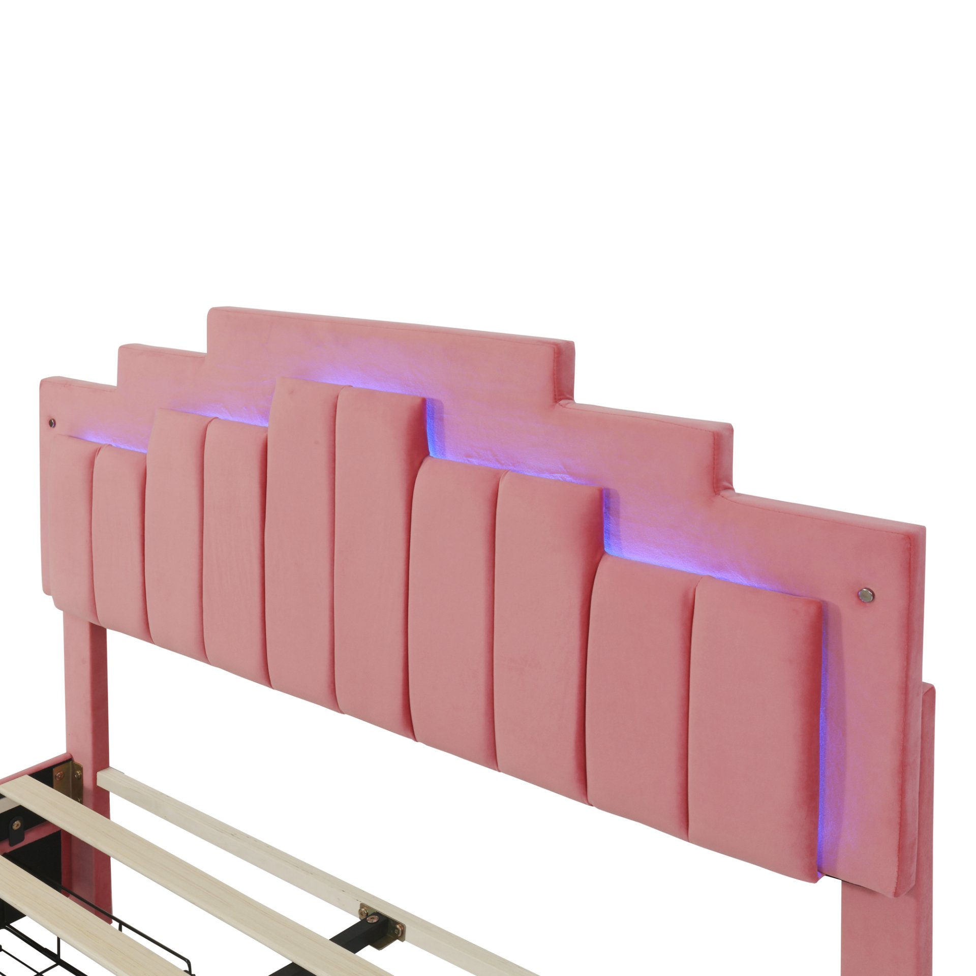 Queen Size Upholstered Platform Bed With LED Lights And 4 Drawers, Stylish Irregular Metal Bed Legs Design - Pink - Image 10