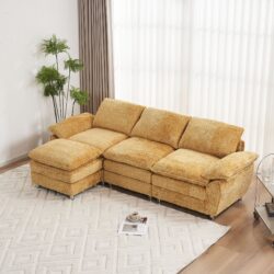 Modern Deep 3 Seat Sofa Couch With Ottoman, Polyester Sofa Sleeper Comfy Upholstered Furniture For Living Room - Yellow