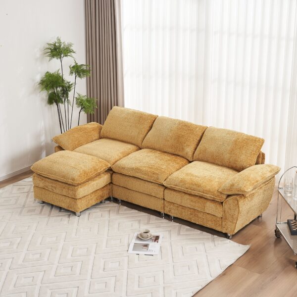 Modern Deep 3 Seat Sofa Couch With Ottoman, Polyester Sofa Sleeper Comfy Upholstered Furniture For Living Room - Yellow