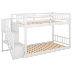 Twin Over Twin Floor Bunk Bed, Ladder With Storage - White