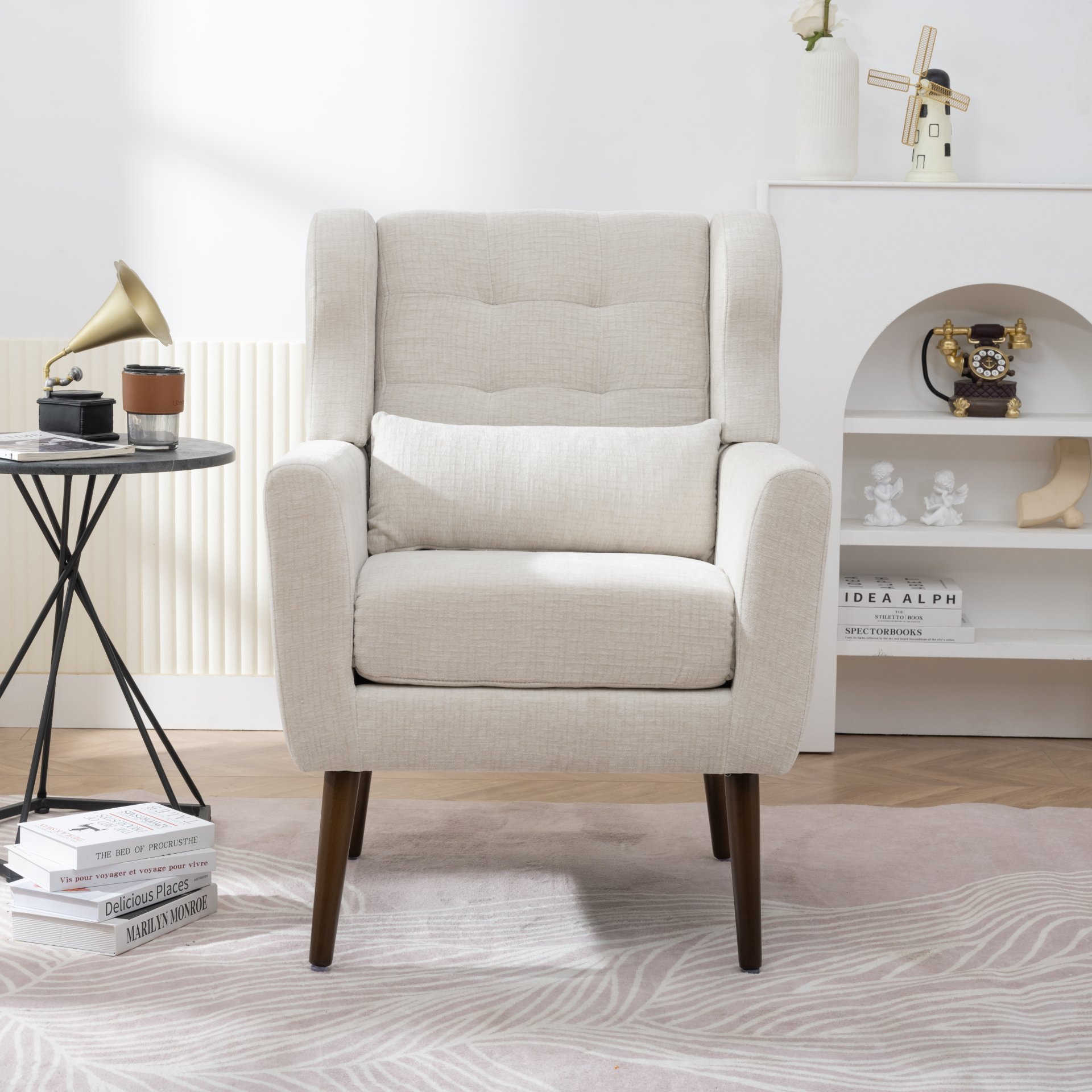 Modern Accent Chair Upholstered Foam Filled Living Room Chairs Comfy Reading Chair Mid-Century Modern Chair With Chenille Fabric Lounge Arm Chairs Armchair For Living Room Bedroom - Beige - Image 3