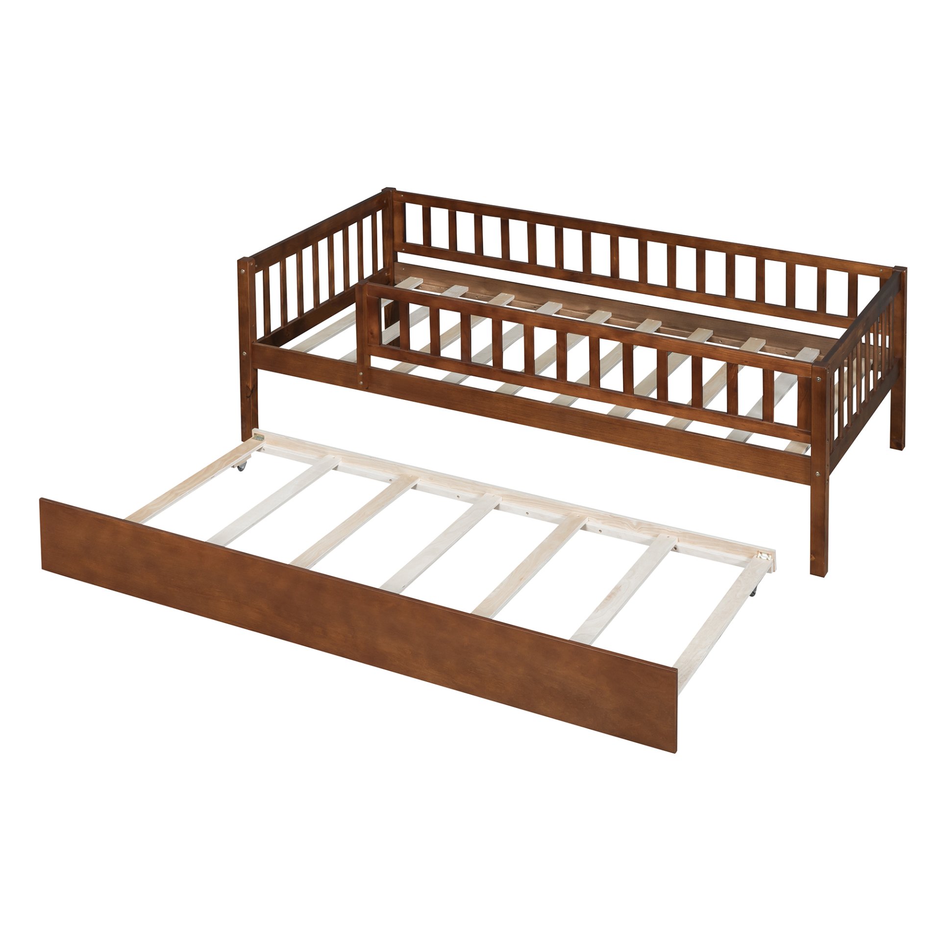 Twin Size Daybed With Trundle And Fence Guardrails - Walnut - Image 10