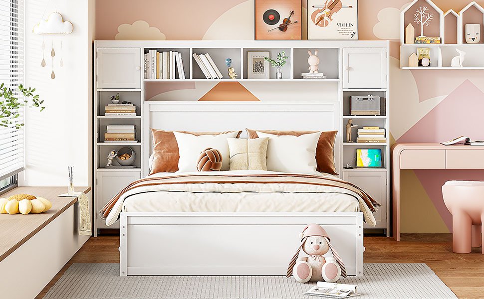 Queen Size Bed With All In One Cabinet, Shelf And Sockets - White - Image 17