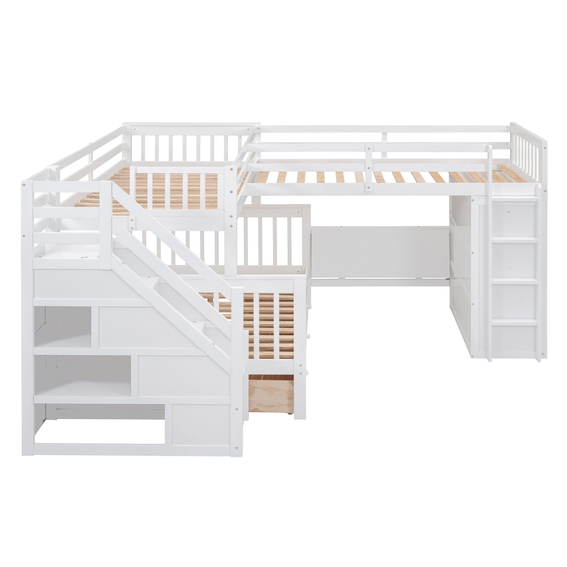 Twin Twin Over Full L Shaped Bunk Bed With 3 Drawers, Portable Desk And Wardrobe - White - Image 8