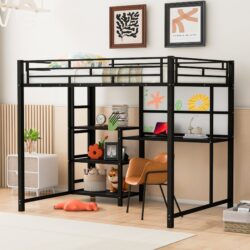 Full Size Loft Bed With Desk And Whiteboard, With 3 Shelves And Ladder - Black