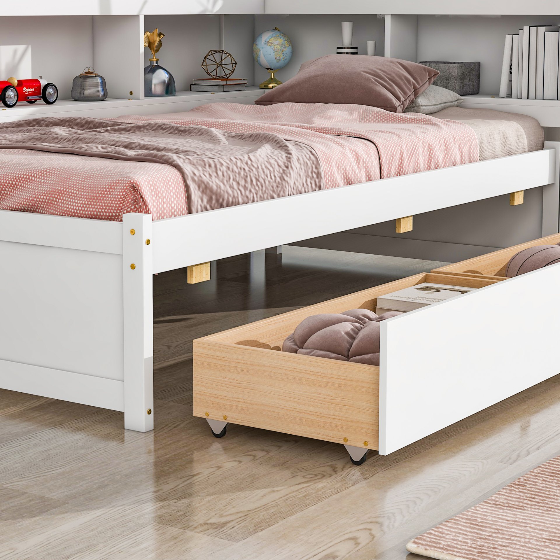 Twin Bed With L-Shaped Bookcases, Drawers - White - Image 5