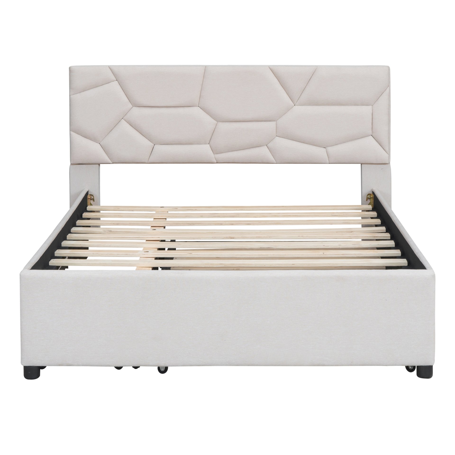 Full Size Upholstered Platform Bed With Brick Pattern Headboard, With Twin Size Trundle And 2 Drawers - Beige - Image 3