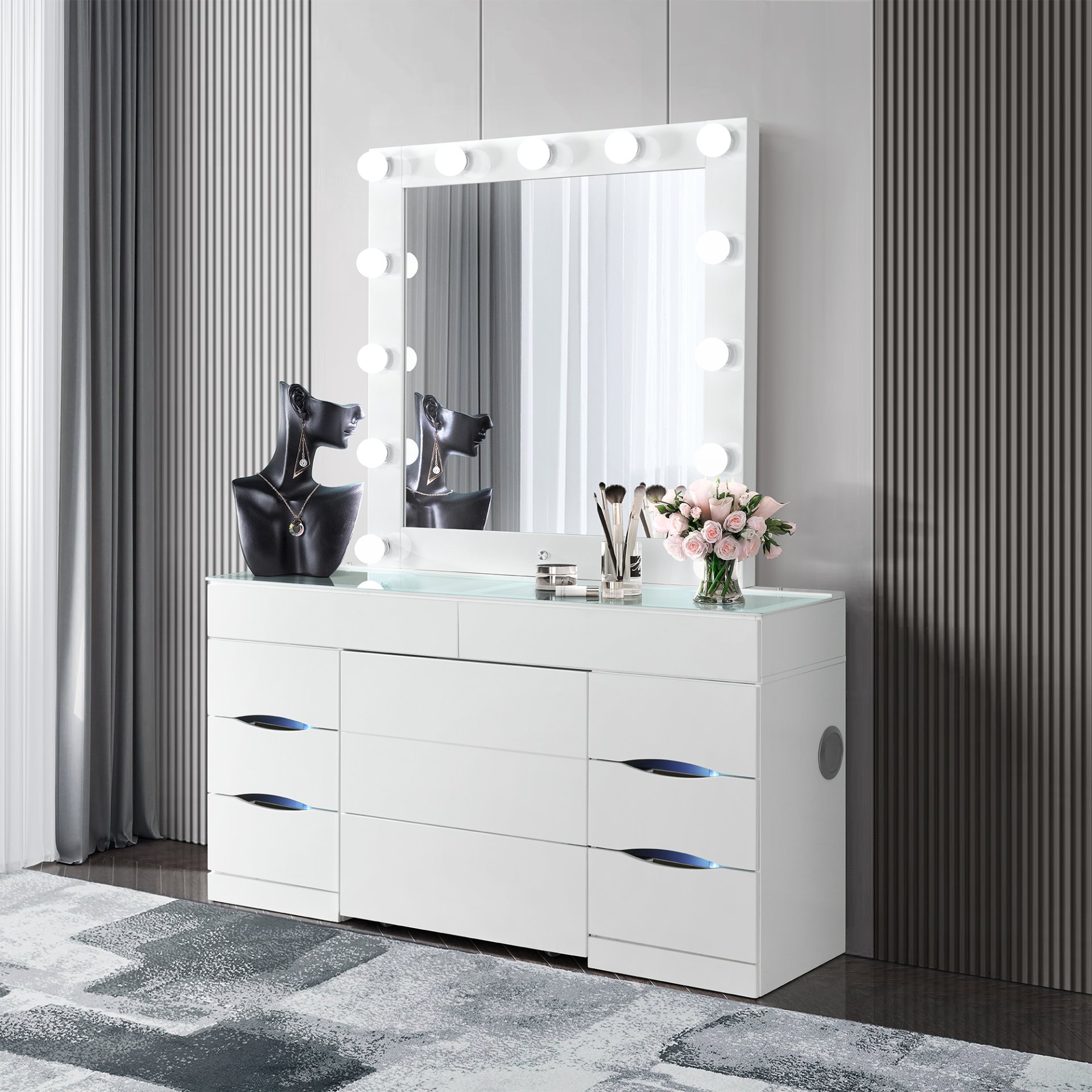 Elisa - Vanity Set With Stool And LED Lights - White - Image 2