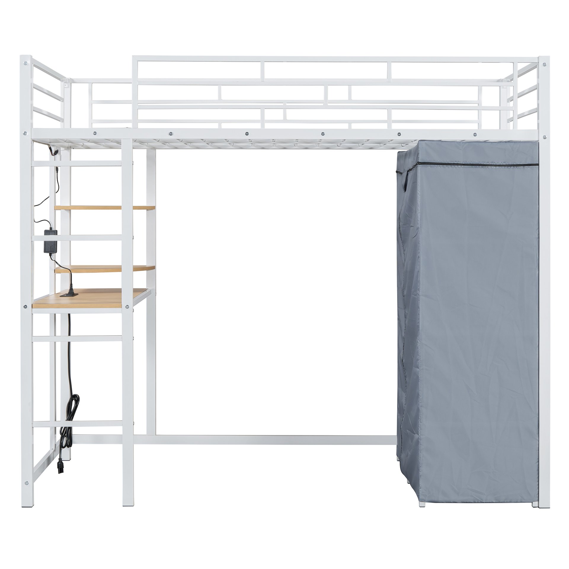 Twin Size Loft Bed With Desk, Shelves, Power Outlet, LED Light And Wardrobe - White - Image 7