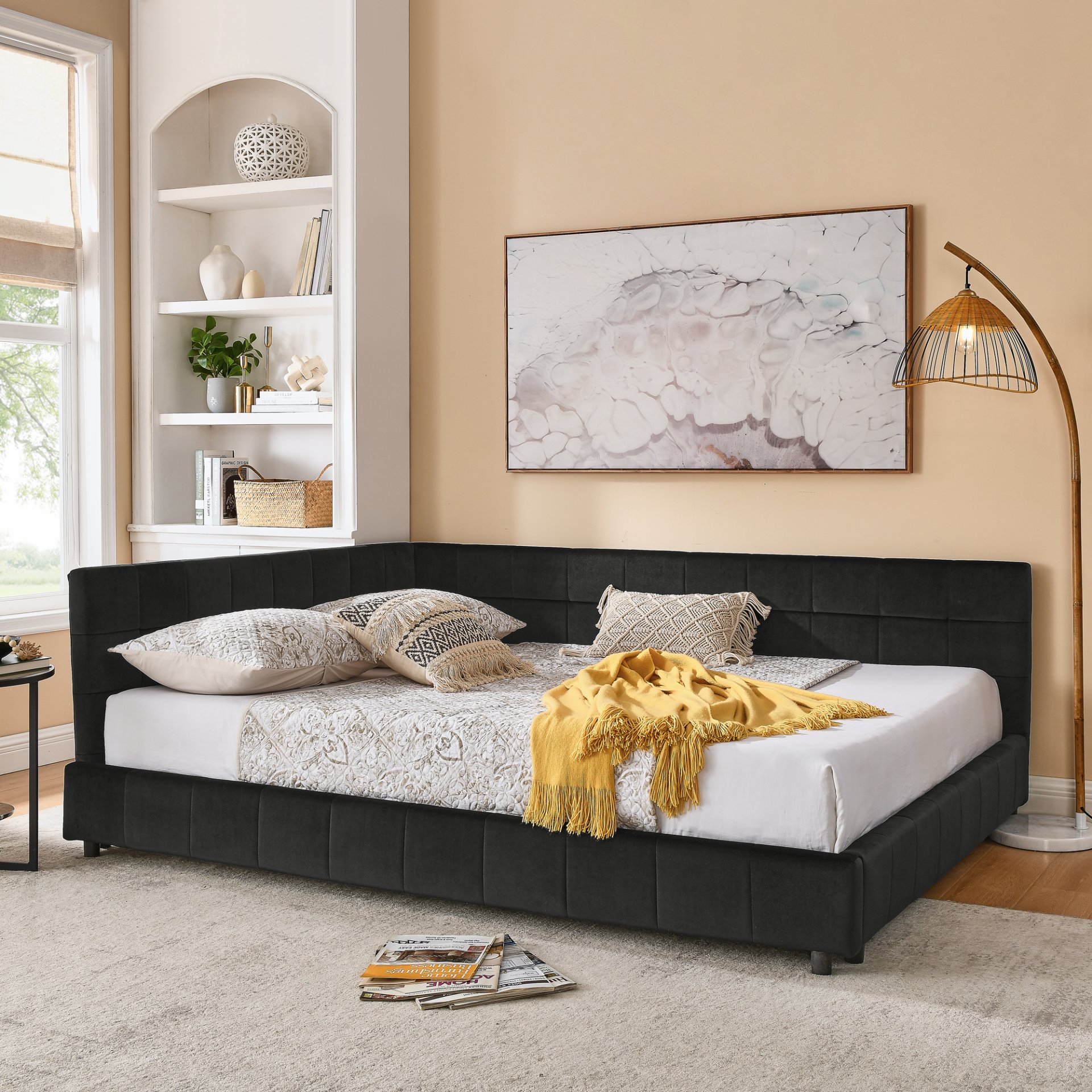 Mid Century Velvet Queen Size Upholstered Tufted Bed Frame With Backrest And Armrests - Black - Image 7