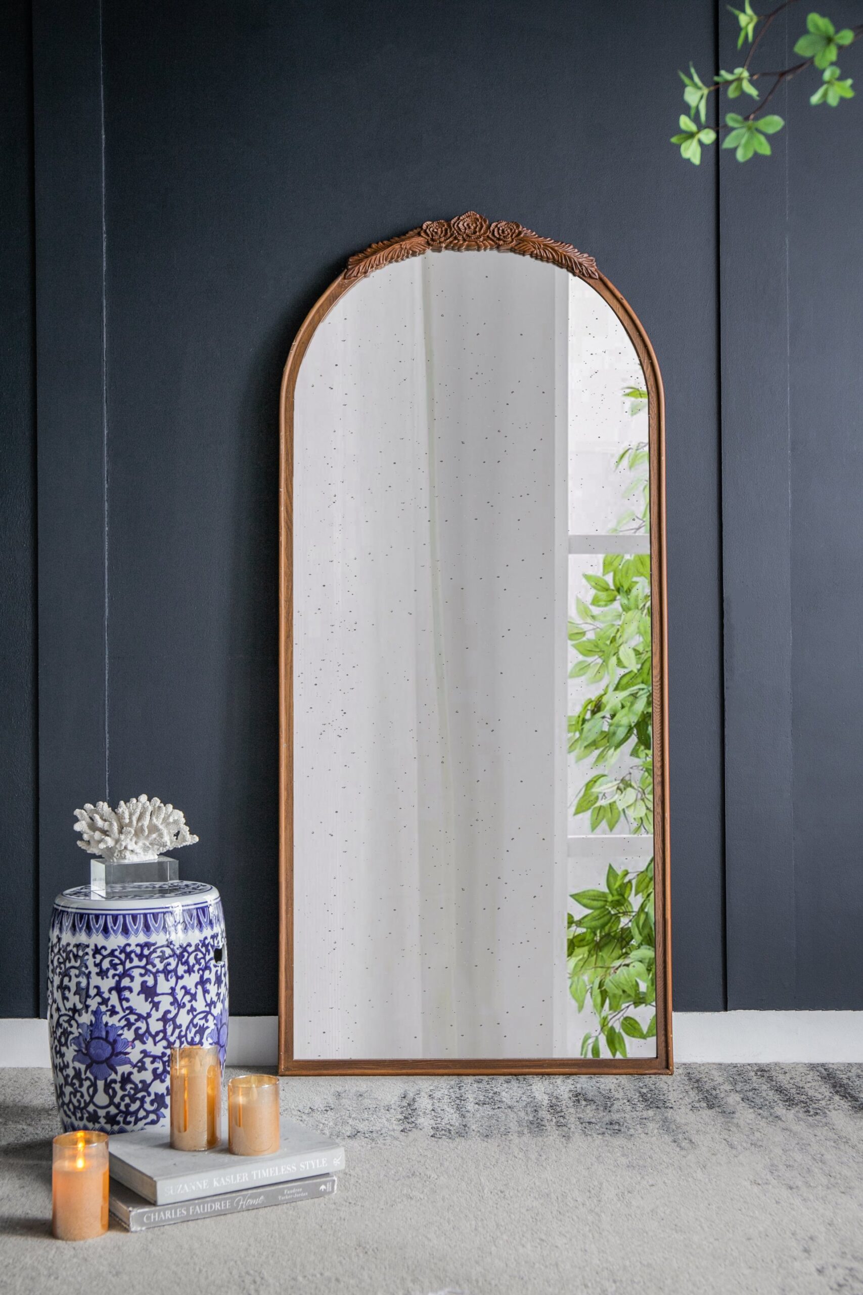 Hand Carved Rose Antique Mirror Frame, Large Arch Mirror Wall Decor For Living Room, Bathroom, Entryway - Brown - Image 5