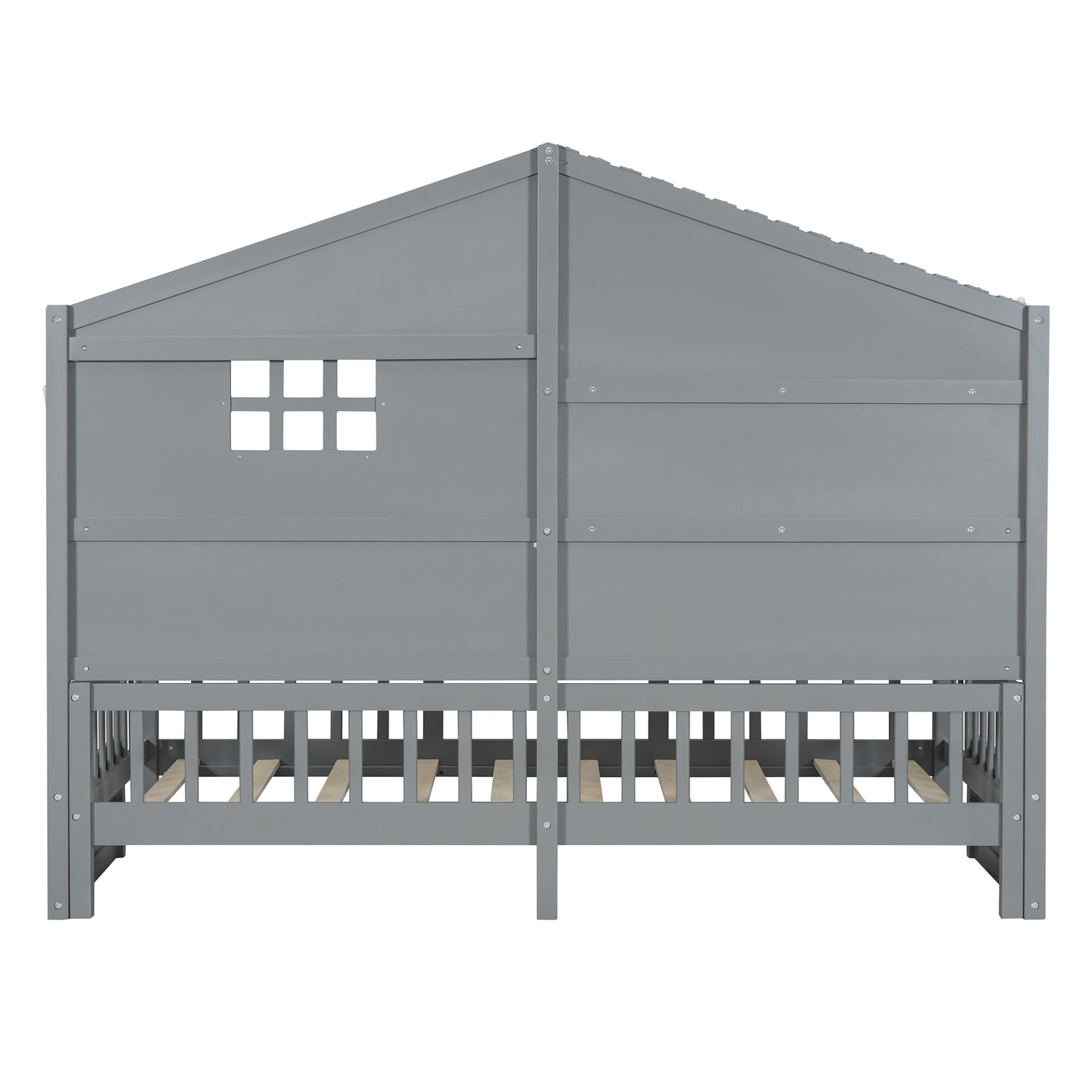 Twin Size House Bed With Shelves, Window And Sparkling Light Strip On The Roof - Gray - Image 13