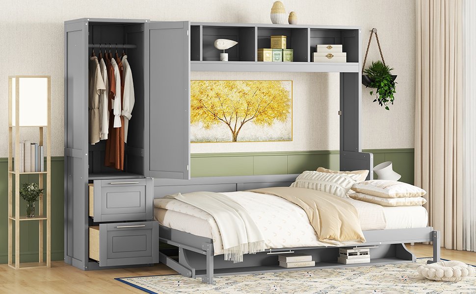 Queen Size Murphy Wall Bed With Closet And Drawers - Gray - Image 16