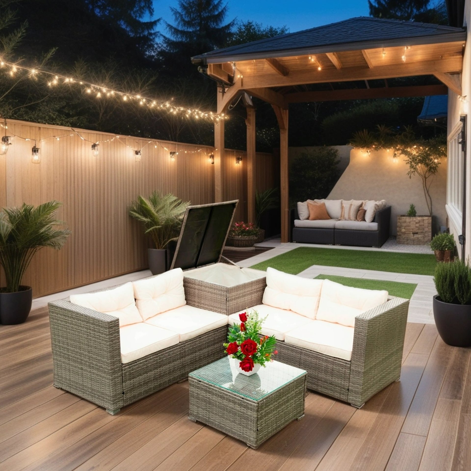 4 Piece Patio Sectional Wicker Rattan Outdoor Furniture Sof Set With Storage Box - Gray / Creme - Image 6