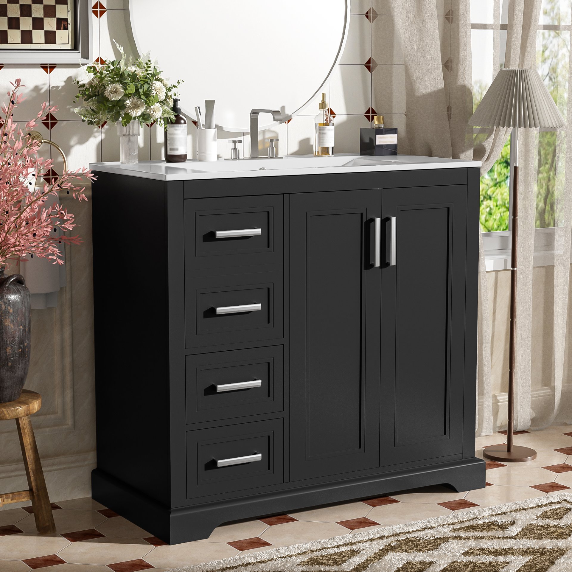 36" Bathroom Vanity With Sink, Soft Close Doors, Adjustable Shelf & 3 Drawers - Black - Image 5