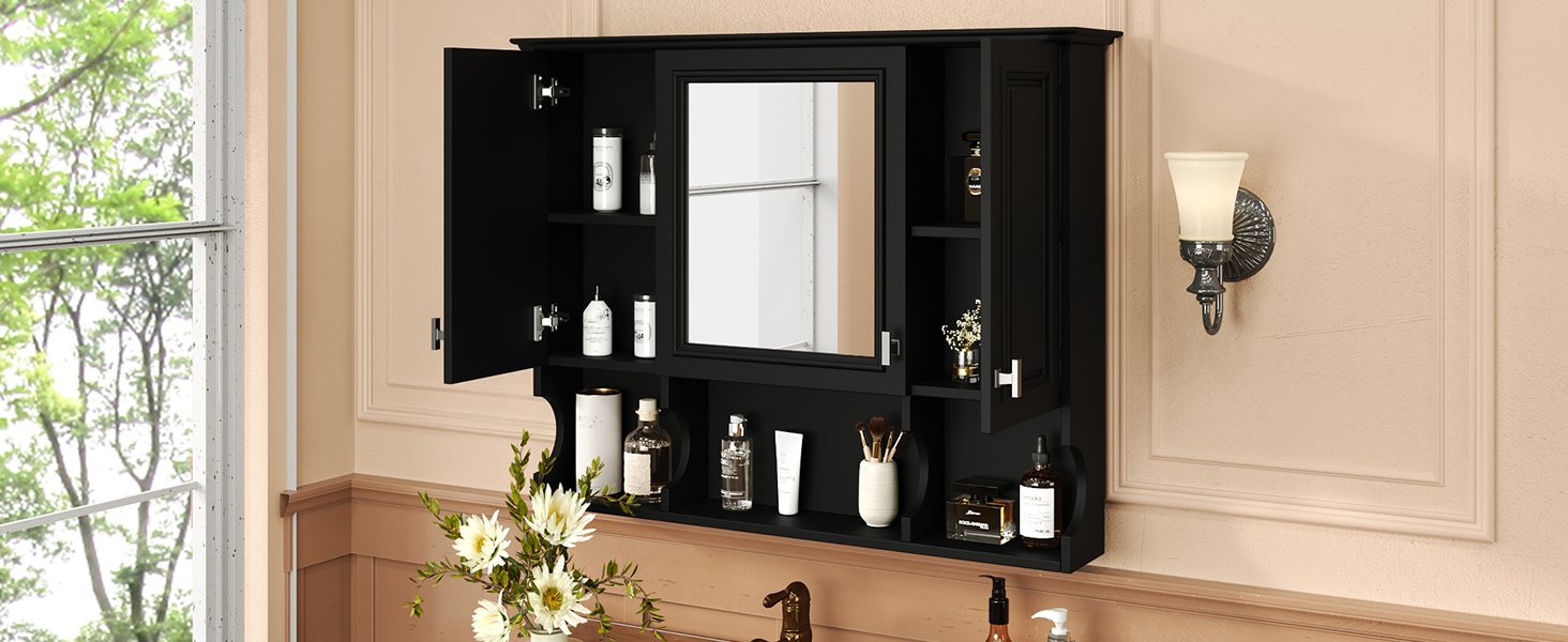 Wall Mounted Bathroom Medicine Cabinet, Modern Bathroom Wall Cabinet With Mirror, Mirror Cabinet With Open Shelves - Black - Image 23