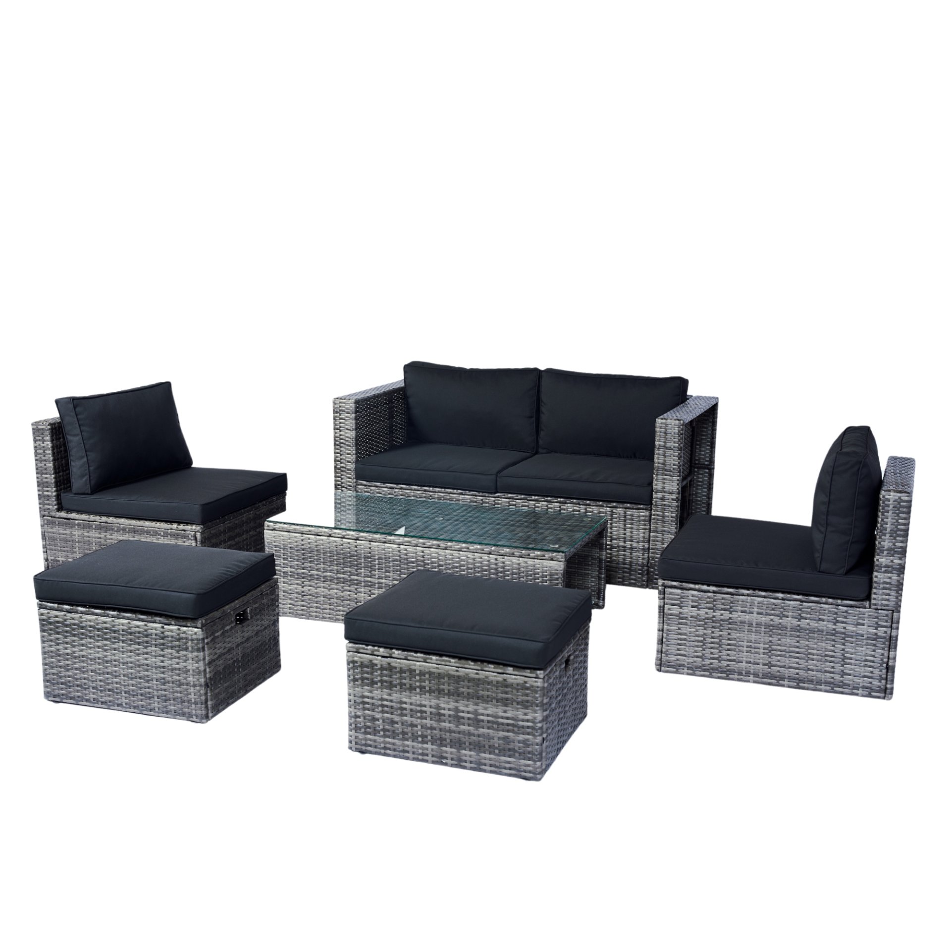6 Piece Patio Wicker Sectional Set Patio Backyard Conversation Set Space Saving - Gray / Black - Image 19