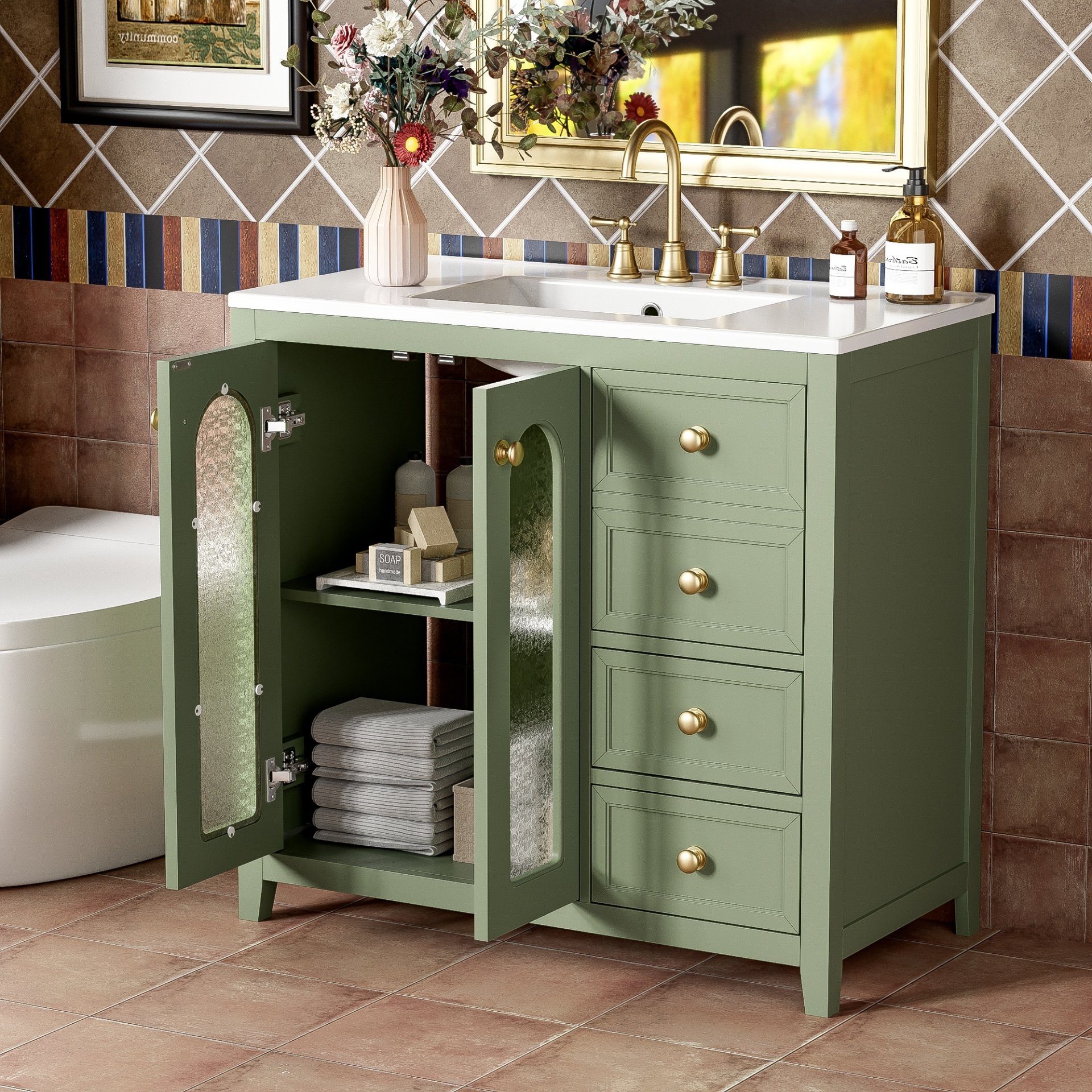 Bathroom Vanity With Two Soft Close Doors, Adjustable Shelves And Three Drawers - Green - Image 5