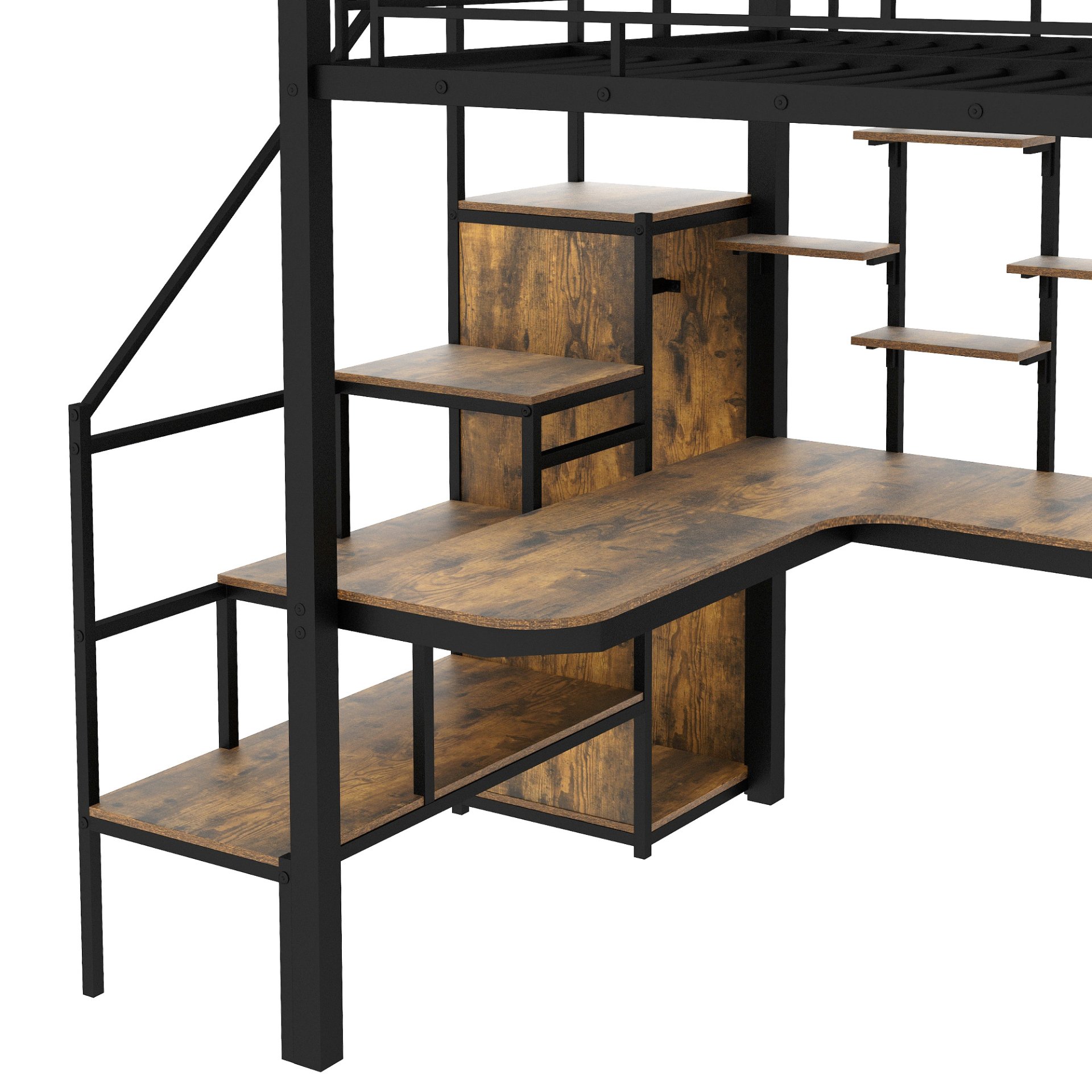 Full Size Metal Loft Bed With Storage Staircase And Small Wardrobe, Built - In Desk And Storage Shelves - Black - Image 6