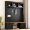 Farmhouse 4 In 1 Hall Tree With Wood Grain Bench And Top, Multifunctional Coat Rack With Hooks And Shell Handles, Mudroom Bench With Adjustable Shelves For Hallway, Living Room - Black - Image 3