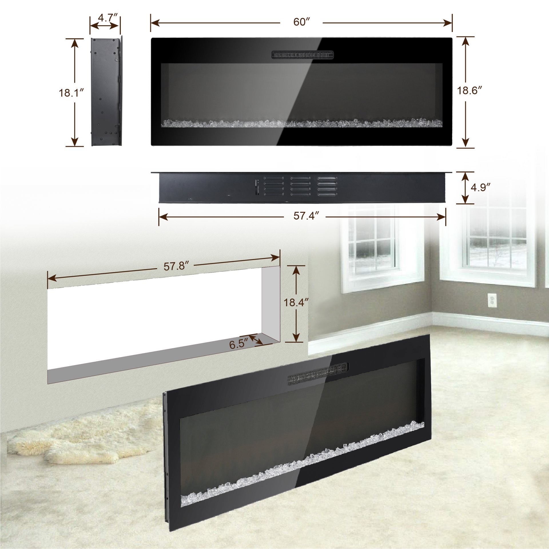 60" Electric Fireplace, Recessed And Wall Mounted Fireplace - Antique Black - Image 7