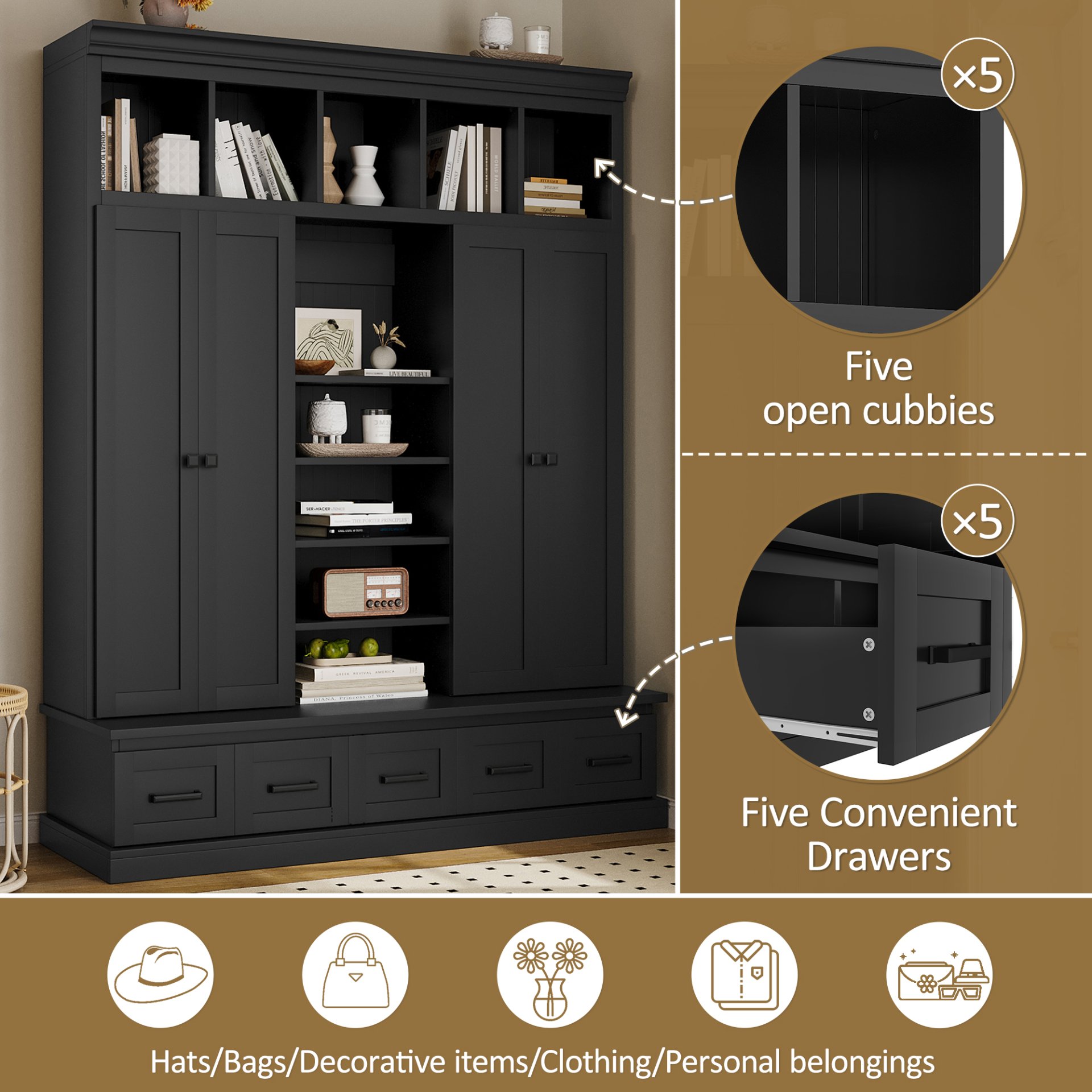 Hall Tree With Bench And 5 Storage Cubbies, Modern Entryway Storage Organizer Cabinet With 4 Doors, 5 Drawers And Adjustable Shelves For Hallway, Entryway, Living Room - Black - Image 7