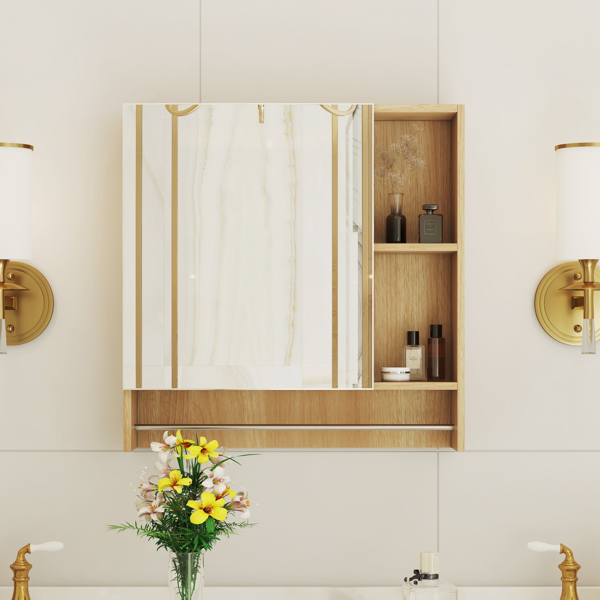 Bathroom Mirror Cabinet Wall Mounted, Medicine Cabinet, Over The Toilet Storage Cabinet With Shelves And Towel Rack - Burly Wood - Image 5