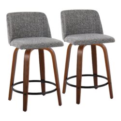 Toriano - Mid-Century Modern Fixed Height Counter Stool With Swivel And Round Footrest (Set of 2) - Walnut / Gray