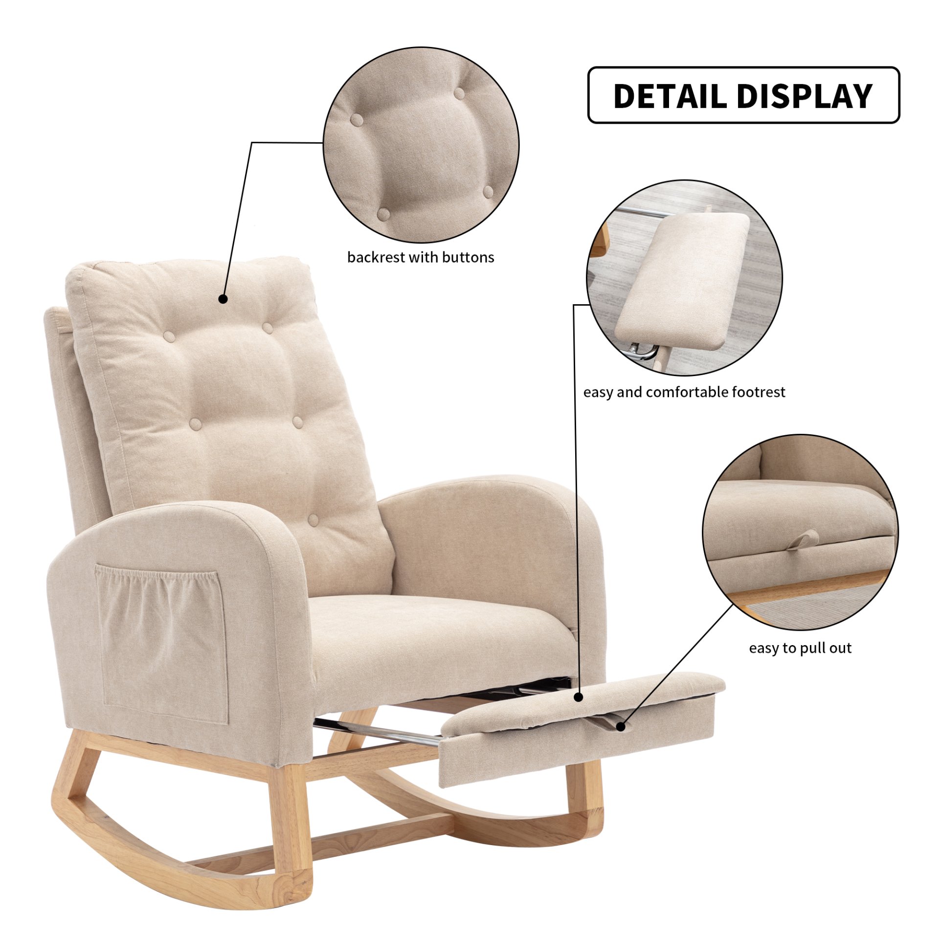 Accent Rocking Chair With Footrest High Back Rubber Wood Rocking Legs Bedroom Living Space - Beige - Image 7