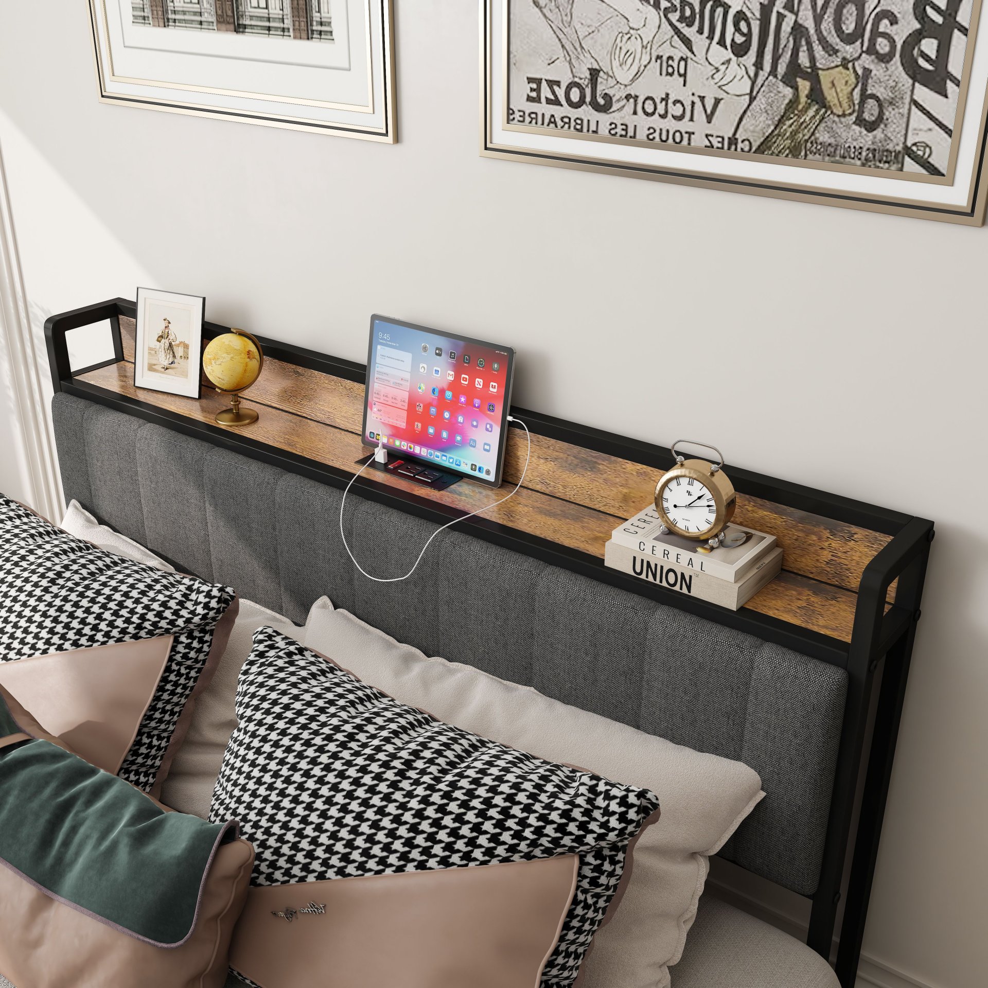 Queen Size Bed Frame With Charging Station, Upholstered Headboard, Metal Platform - Dark Gray - Image 4