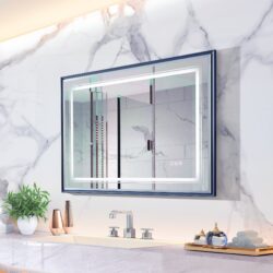 40*30" LED Bathroom Beveled Mirror, 3000 - 6000K Gradient Front And Backlit LED Mirror For Bathroom, 3 Colors Dimmable, Ip54 Enhanced Anti - Fog, Hanging Plates Wall Mount Lighted Mirror - Gray