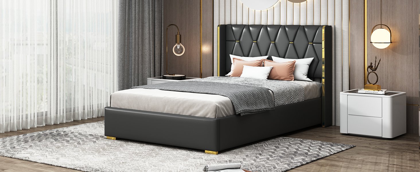 Full Size Upholstered Platform Bed With Strips - Black - Image 18