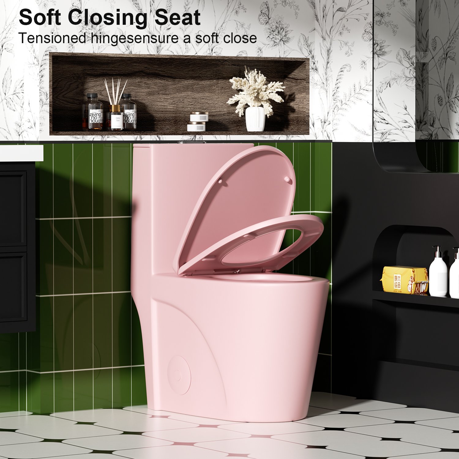 Fan Shaped Design 1 Piece Toilet With Elongated Bowl And Soft Close Seat, Dual Flush 1.1 / 1.6 Gpf - Pink Flower - Image 11