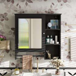 Wall Mounted Bathroom Storage Cabinet, Medicine Cabinets With Large Mirror Door, Adjustable Shelves And Three Open Storage Levels(Not Include Bathroom Vanity) - Black