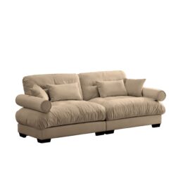 Modern Velvet 2 Seater Sofa & Bolstered Armrests And Pillows - Camel