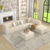 Modern Minimalist Sectional Sofa Sleeper Corduroy Couch Comfy Space Efficient Design - White - Image 6